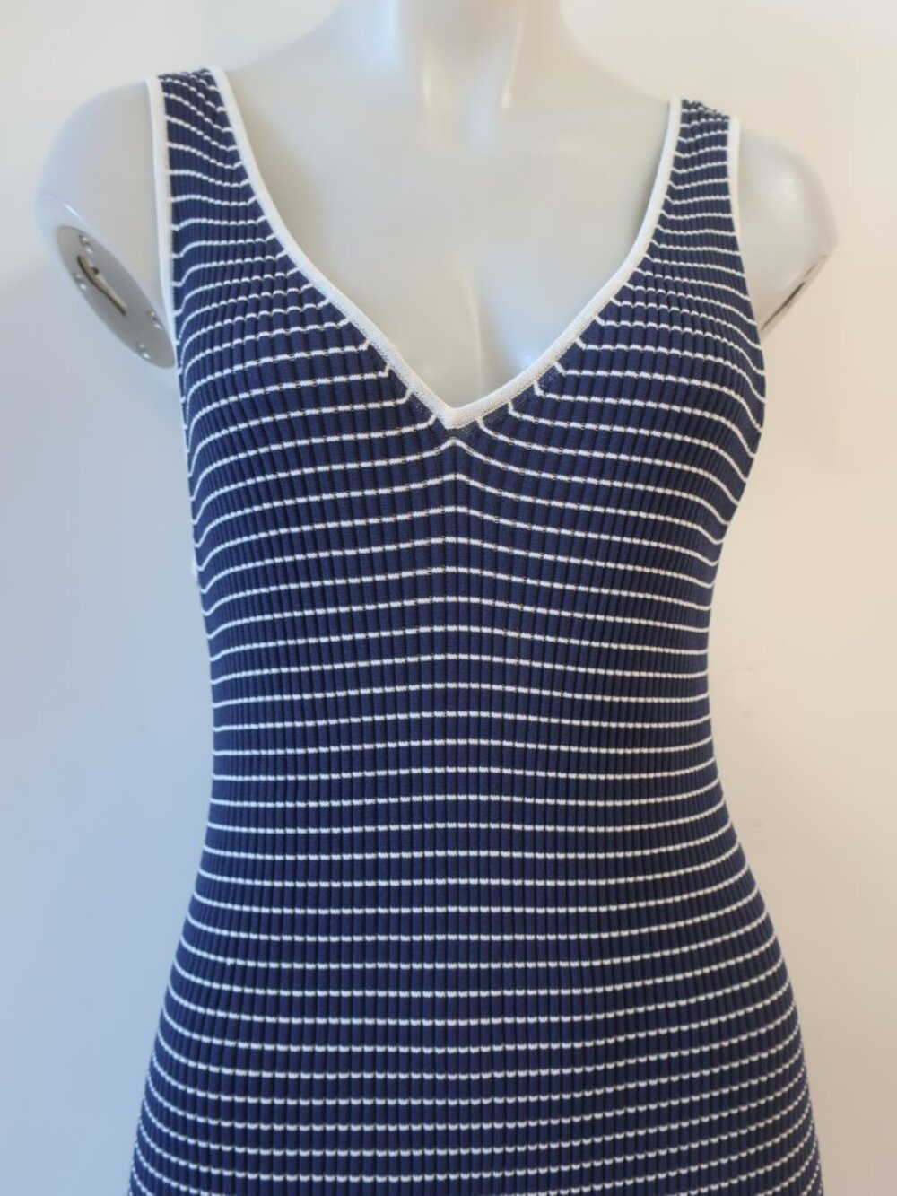Womens STAUD Gray, White Striped Ribbed Bodycon Maxi V-Neck Tank Dress L - Picture 3 of 7